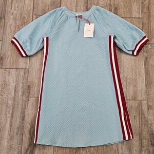 VOY Quilted Athletic Mini Dress Size S Blue Side Stripe Zip Slit Preppy Sporty